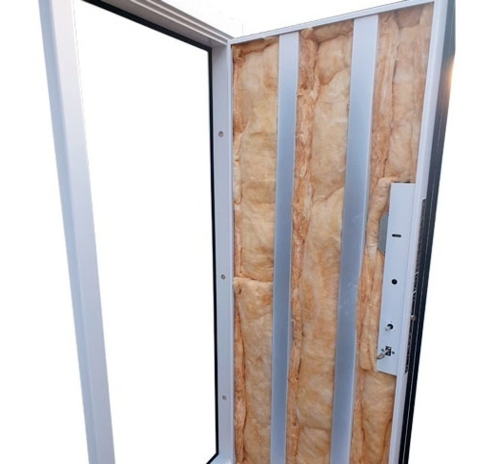 Входная металлическая дверь с зеркалом  RеX (РЕКС) 27  Белая шагрень, декор нержавейка (100мм) / СБ-16 Бетон светлый 12мм