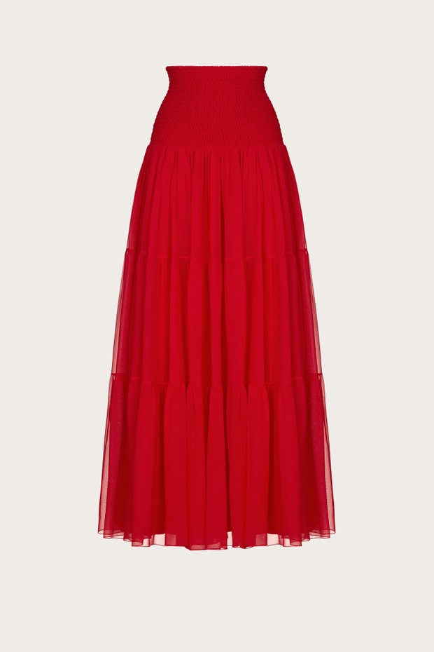 ЮБКА С КОКЕТКОЙ ИЗ КРАСНОГО ШЕЛКОВОГО ШИФОНА