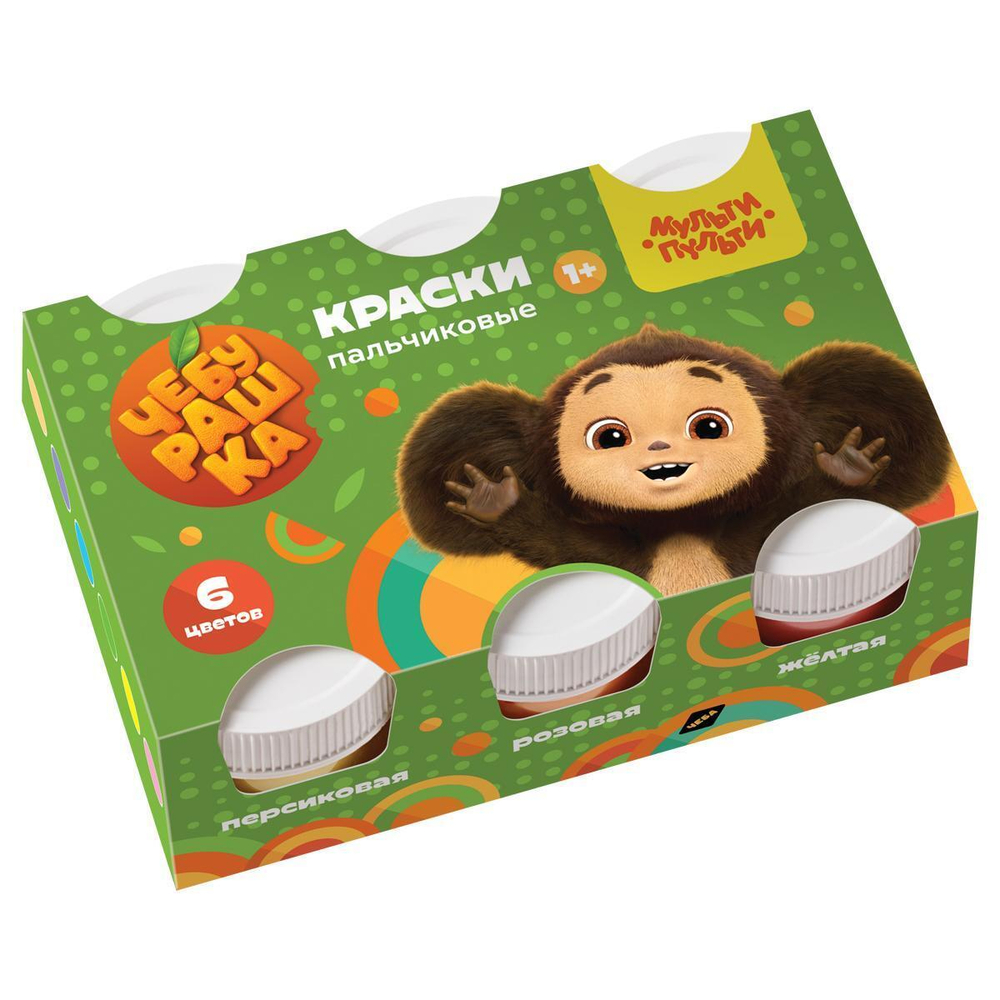 Гуашь пальчиковая 6 цветов 210 мл "Чебурашка" (Мульти-Пульти)