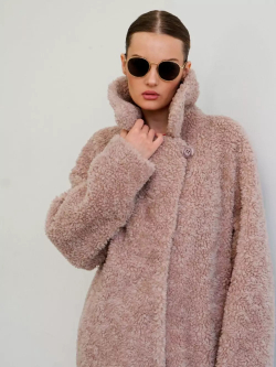 Шуба чебурашка длинная из овечьей шерсти, розовая-пудра, SilverFox
