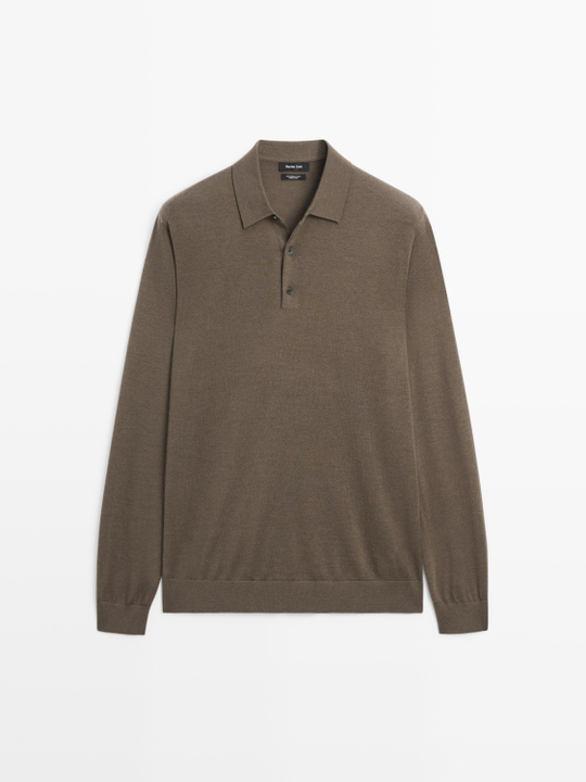 Massimo Dutti Трикотажное свитер поло из 100% мериносовой шерсти, хаки