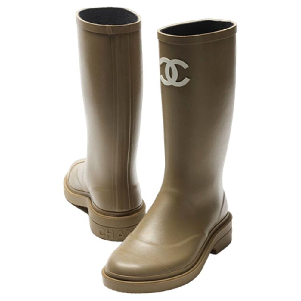 CHANEL Rubber Rain Boots Dark Beige Women"s
