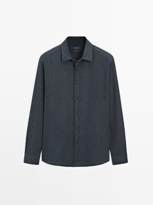 Massimo Dutti Меланжевая рубашка классического кроя с рельефным узором в клетку, темно-синий