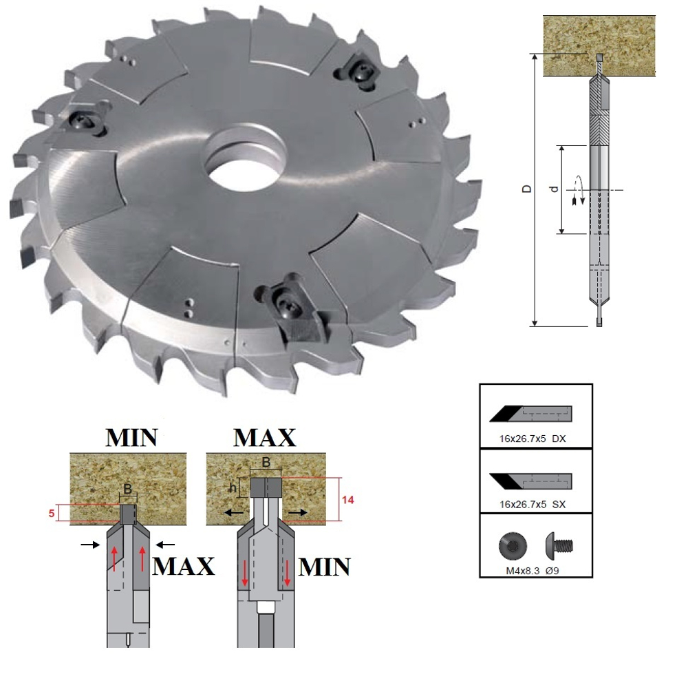 PCD пила пазовая регулируемая с подрезателями D.160x5-9,5 d.40 Z12+12 z3+3 H6
