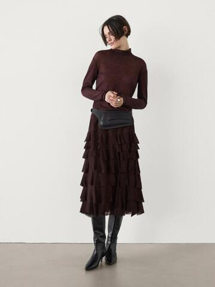 Massimo Dutti Юбка миди с оборками, шоколадно-коричневый