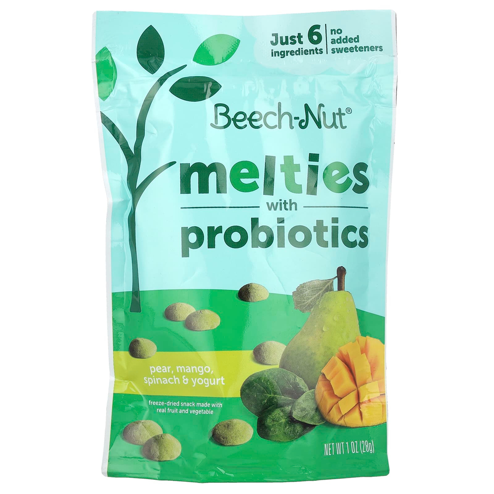 Beech-Nut, Melties с пробиотиками, для детей от 8 месяцев, груша, манго, шпинат и йогурт, 28 г (1 унция)