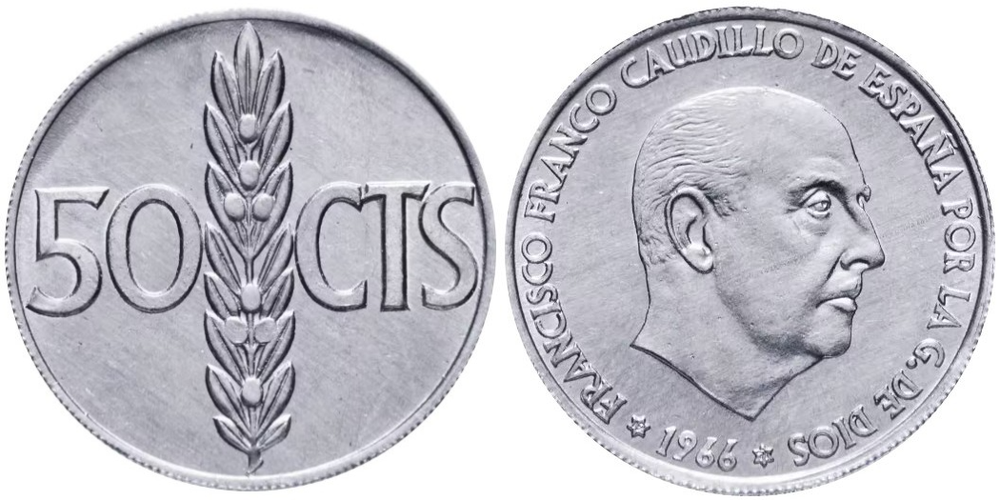 Испания 50 сентимо, 1966 Франсиско Франко XF