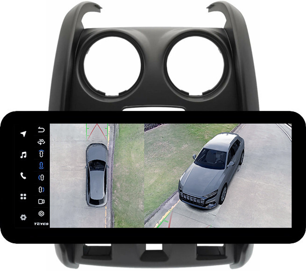 Магнитола для Renault Duster 1 2015-2020, Lada Largus 2021+ (без мультируля, рамка большая матовая) - Teyes LUX ONE 360 монитор 12.3" 2K QLED на Android 10, 6+128Гб, CarPlay, 4G SIM-слот, 4 камеры в комплекте
