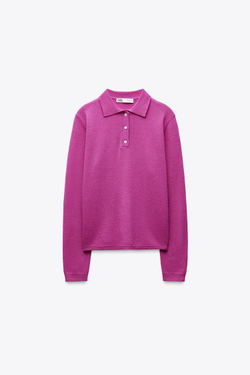 ZARA ОДНОТОННЫЙ СВИТЕР ИЗ 100% ШЕРСТИ С ВОРОТНИКОМ ПОЛО, ЦВЕТ ФУКСИИ