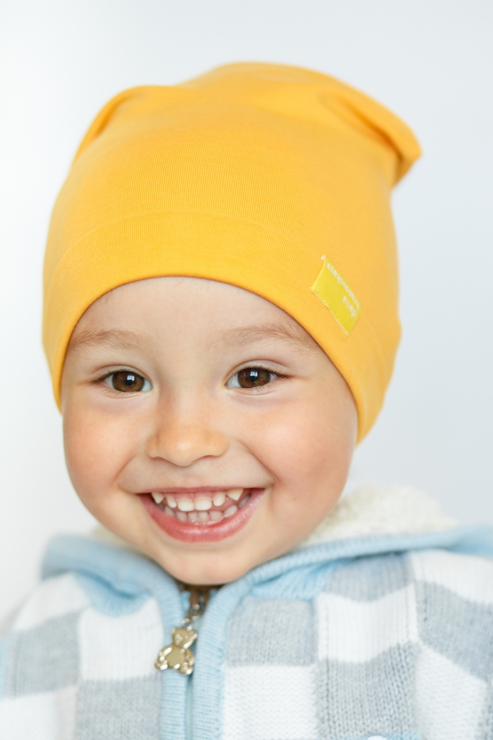 Детская шапка хлопковая гладкая тонкая горчичная желтая