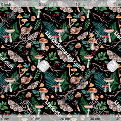 Акварельный лес с улиткой, мухоморами, мотыльком и папоротниками by Loft Bat 233 DPI