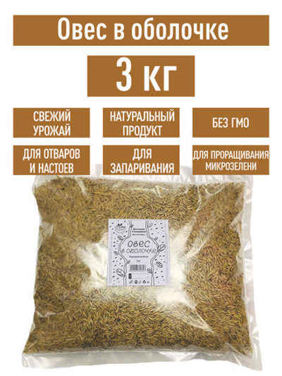 Овес для настоев, 3 кг для запаривания заваривания в оболочке неочищенный в шелухе