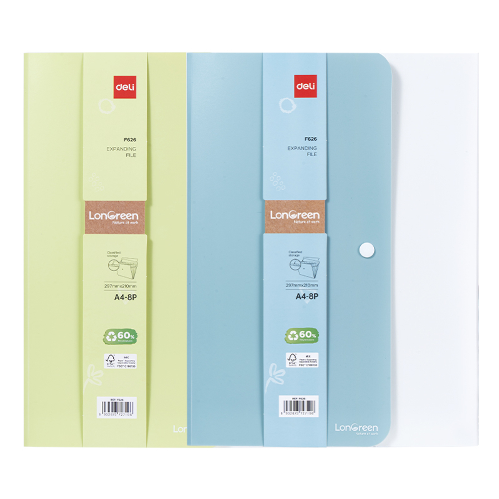 Папка-конверт на кнопке DELI "LonGreen", А4, 8 отделений, ассорти