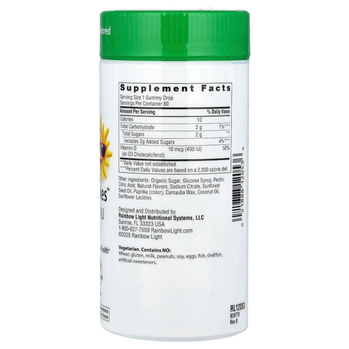 Rainbow Light, Sunny Gummies ™, витамин D3, для детей от 4 лет, насыщенный мандаринский апельсин, 10 мкг (400 МЕ), 60 жевательных таблеток