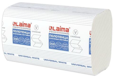 111342 Полотенце бумажное V-сложеное LAIMA UNIVERSAL WHITE 1-слойное БЕЛОЕ (200л/15уп)