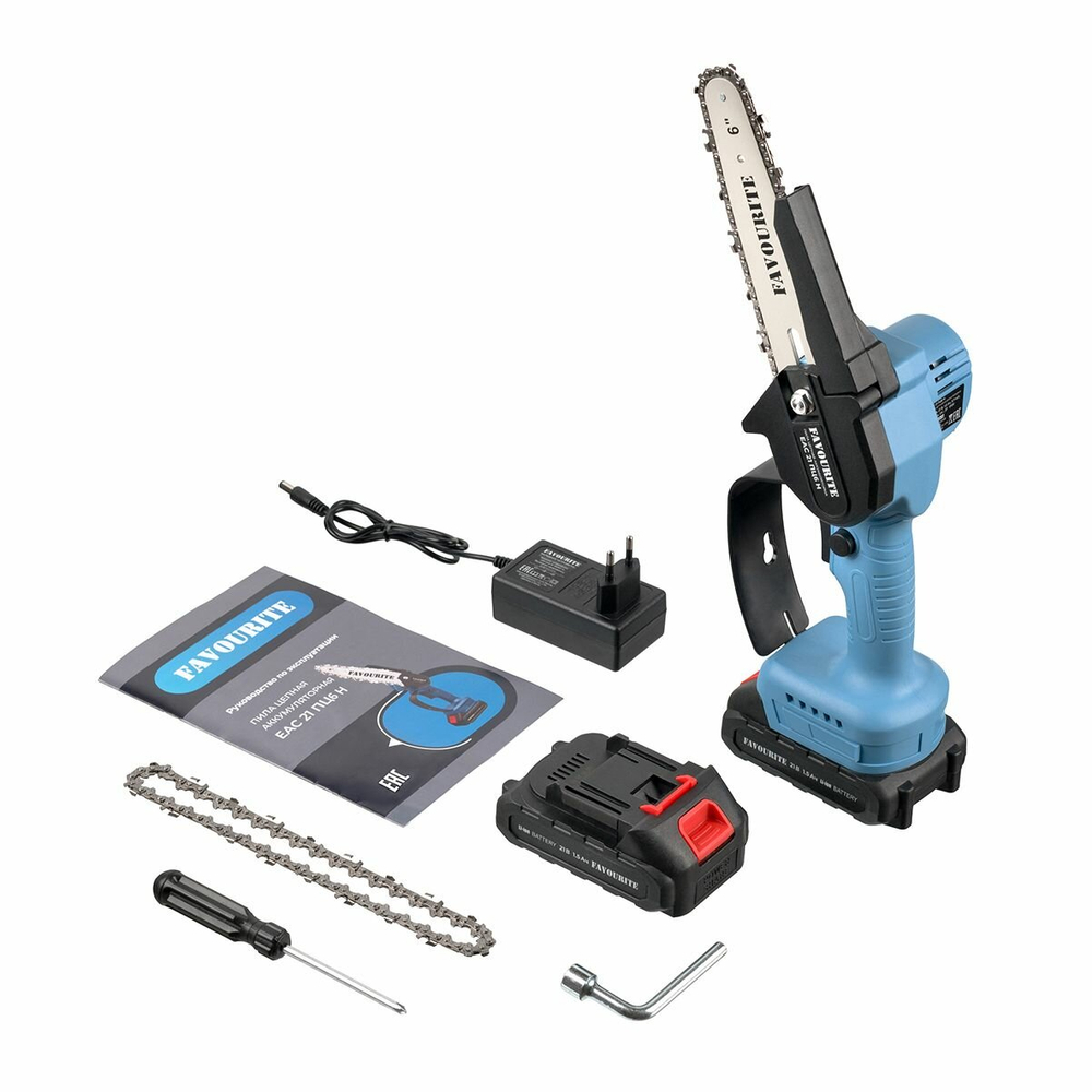 Пила цепная аккумуляторная FAVOURITE ЕАС 21 ПЦ6 Н , 21 В, 1.5 Ач, 5.7 м/с, 37 звеньев