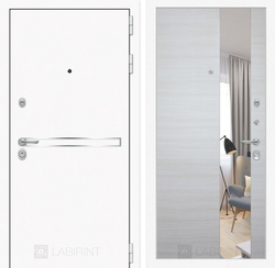 Входная металлическая белая дверь с зеркалом Лабиринт Лайн Вайт (LINE WHITE) - Акация светлая горизонтальная