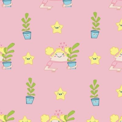 Милашка с фикусом на розовом фоне