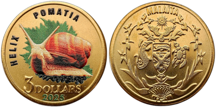 Остров Малаита 3 доллара 2025 Улитка - Цветная