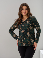 Лонгслив ЛНкл-081/изумрудный-хризантемы