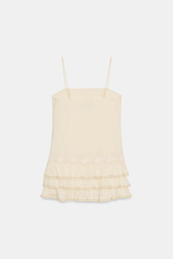 ZARA МИНИ-ПЛАТЬЕ С ВОЛАНАМИ И ВЫШИВКОЙ, СВЕТЛО-ЖЕЛТЫЙ