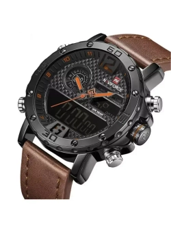 Часы наручные кварцевые NAVIFORCE на кожаном ремешке, черный/коричневый W8710-01