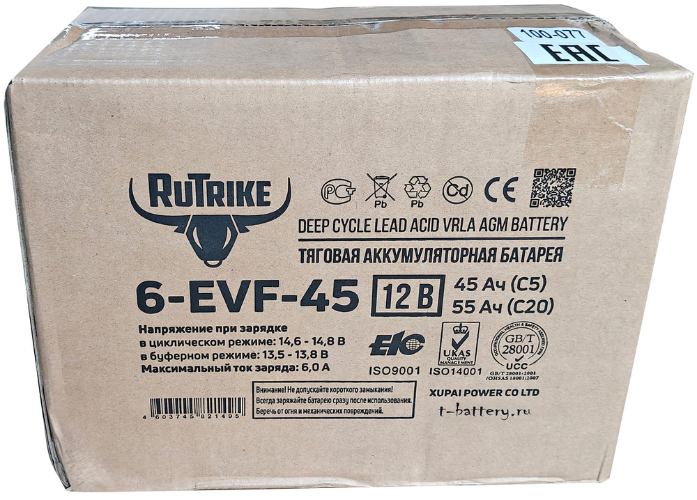 Тяговая аккумуляторная батарея RuTrike 6-EVF-45 (12V45A/H C3)