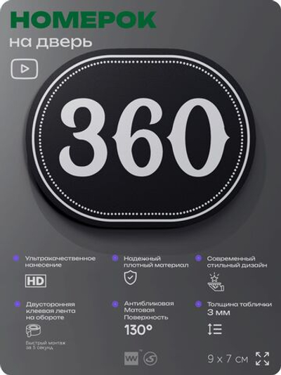 Номерок на дверь квартиры 360, для кабинета, офиса, шильдик 9 х 7 см, черный, Айдентика Технолоджи