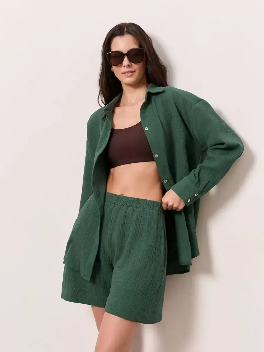 Костюм - пижама с шортами из муслина домашний оверсайз