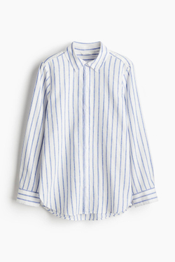H&M Рубашка из льняной смеси, белый/синий