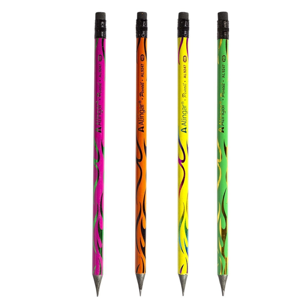 Карандаш ч/г Alingar HB, дерево, с ластиком, круглый, заточенный, ассорти, корпус с рисунком "Пламя", пластиковый стенд по 288 шт.