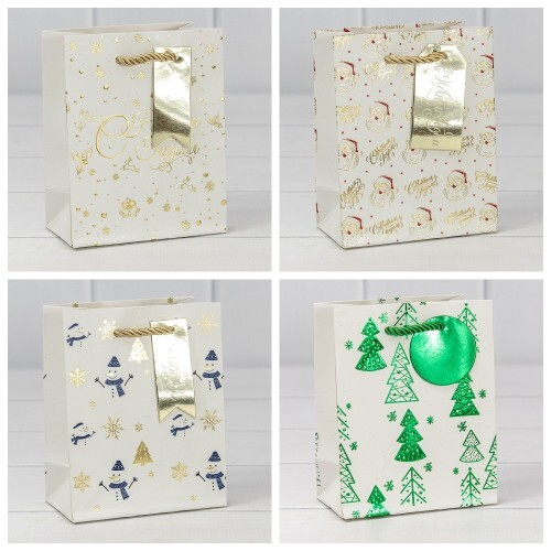 Пакет подарочный 12 х 15 х 6.7 см Набор 4 шт "Новый год" с тиснением (Белый)