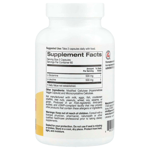 Super Nutrition, L-глютамин и L-лейцин, 120 растительных капсул