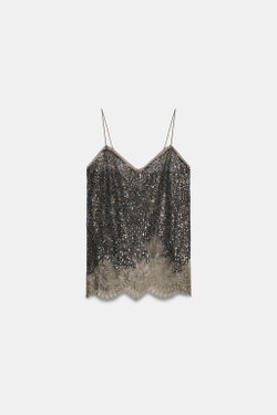 ZARA ТОП НА БРЕТЕЛЯХ С ПАЙЕТКАМИ — ZW COLLECTION, ТЕМНОЕ СЕРЕБРО
