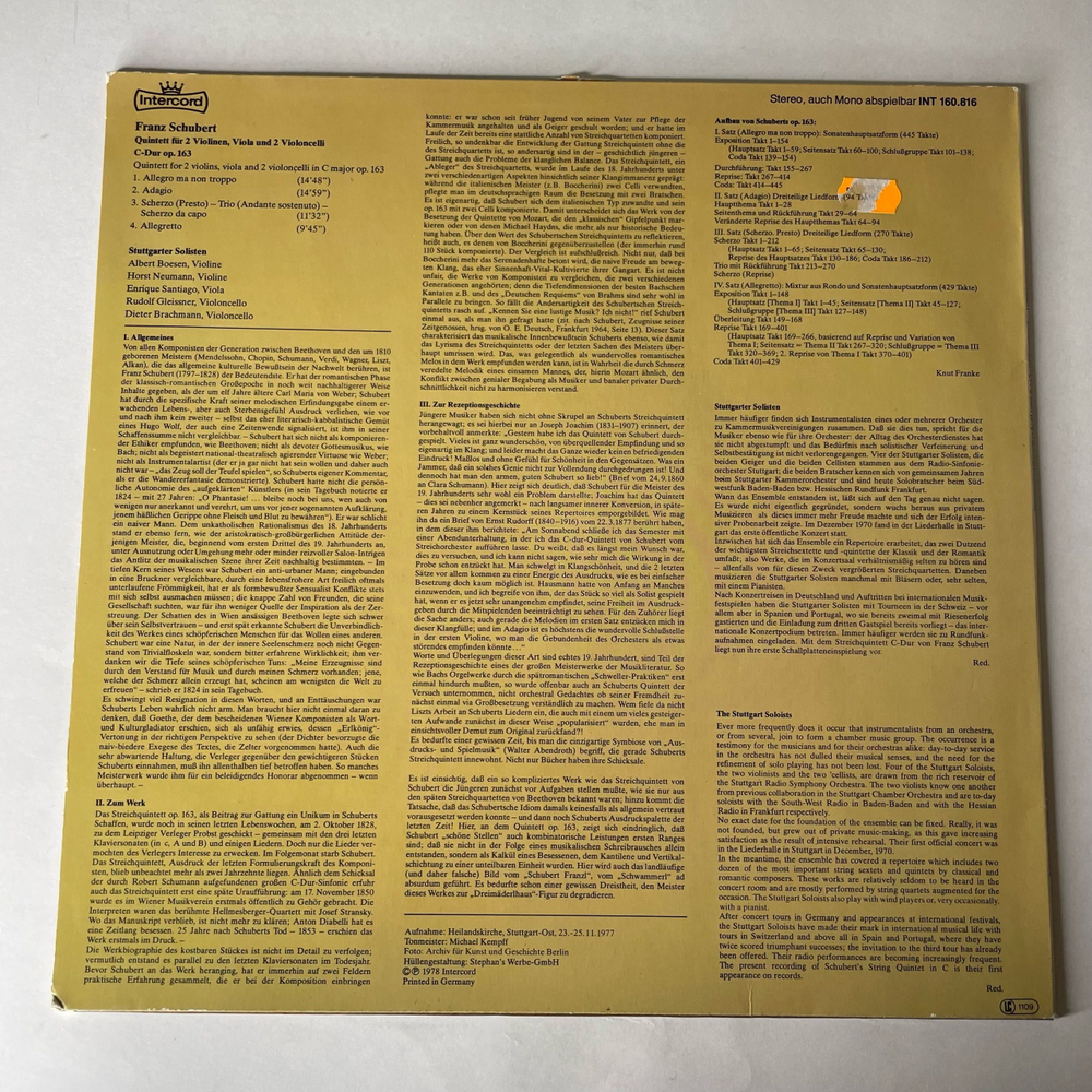 Винтажная виниловая пластинка LP Franz Schubert Шуберт, Stuttgarter Solisten, Streichquintett C Dur (Германия 1978)