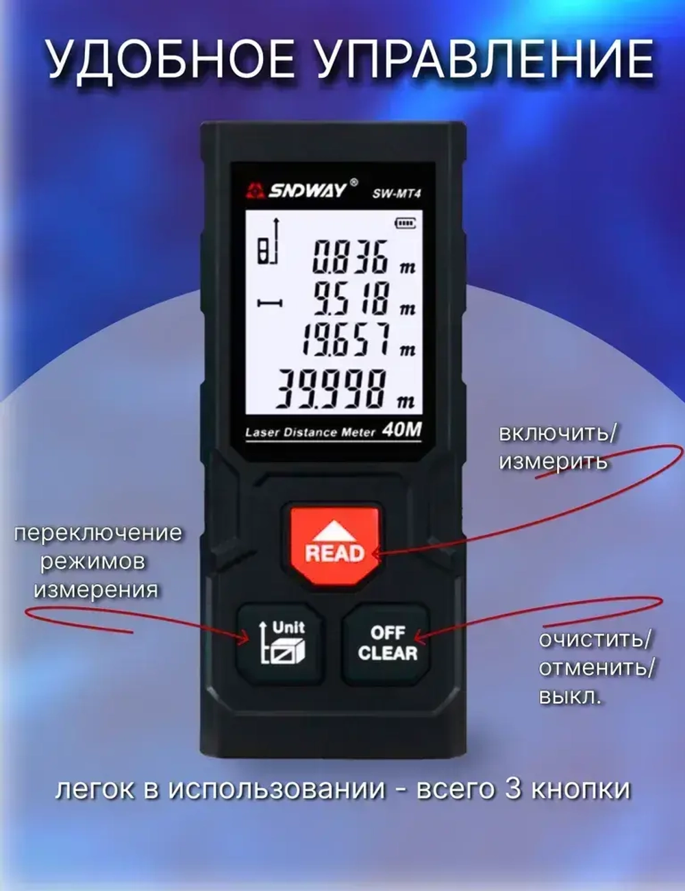 Лазерная рулетка дальномер SNDWAY 40 метров
