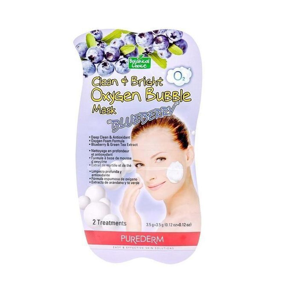 Purederm. Кислородная маска с черникой Clean + Bright Oxygen Bubble Mask. Blueberry