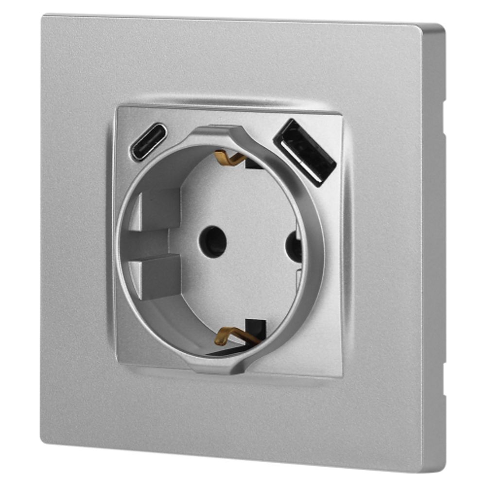 Розетка ЭРА Серия 12 12-4108-03 2P+E 16A-250В со шторками с USB type-A+C 5В-3А алюминий | Эра 12