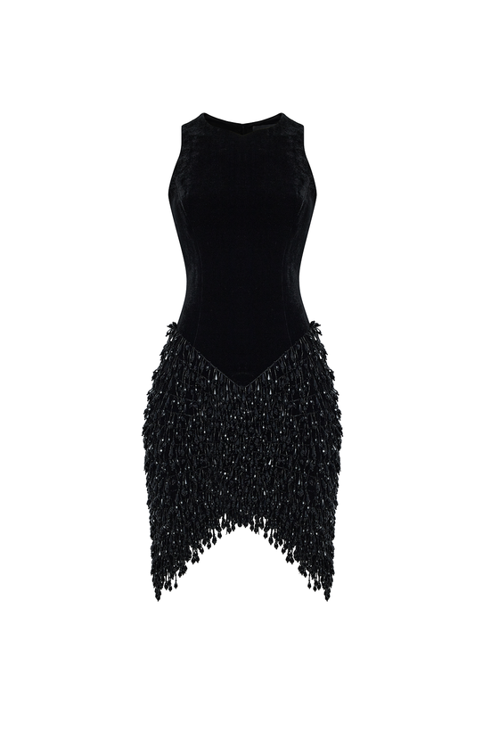 Платье мини из бархата с отделкой из бахромы