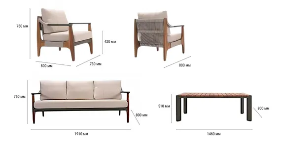 Комплект уличной мебели Elif из алюминия и дерева ироко, 2 кресла, диван и столик