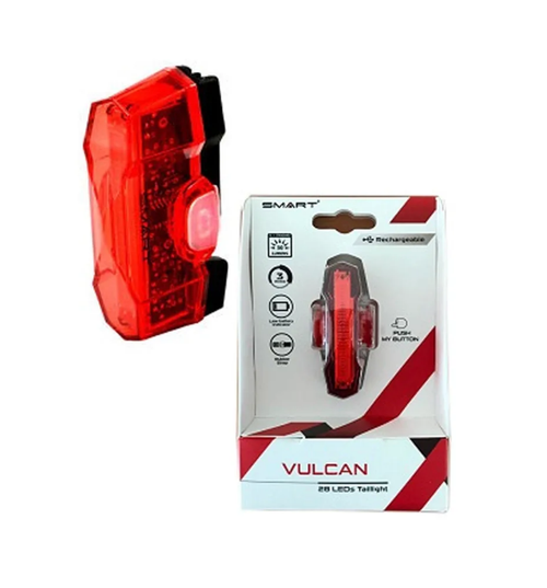 Фонарь SMART VULCAN задний, 28 диодов 30 lm, 2 режима, крепеж на подседельный штырь/верхнее перо, Li-Pol аккумулятор, подзардяка mini USB (40)