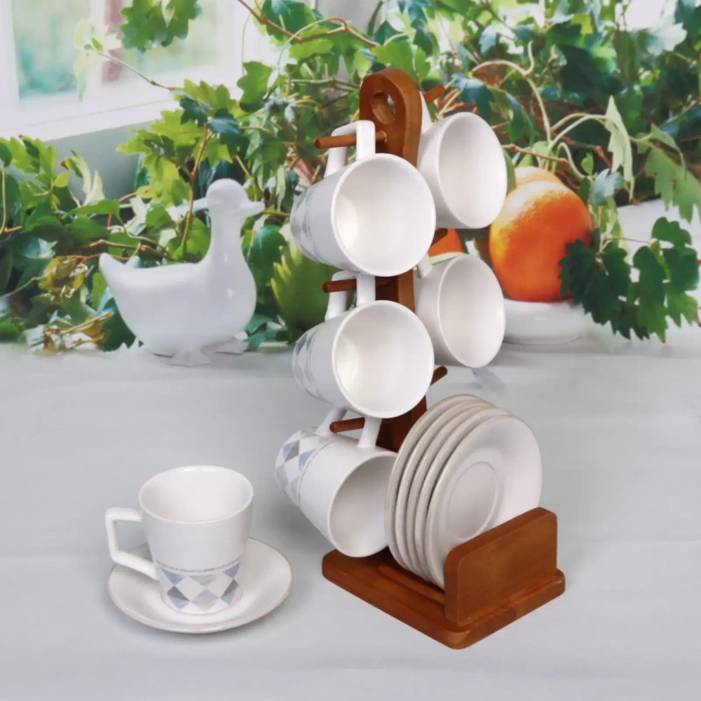 Чайный набор 12 предметов «Geometry» (6кружек 130мл+6блюдец) на бамбуковой подставке