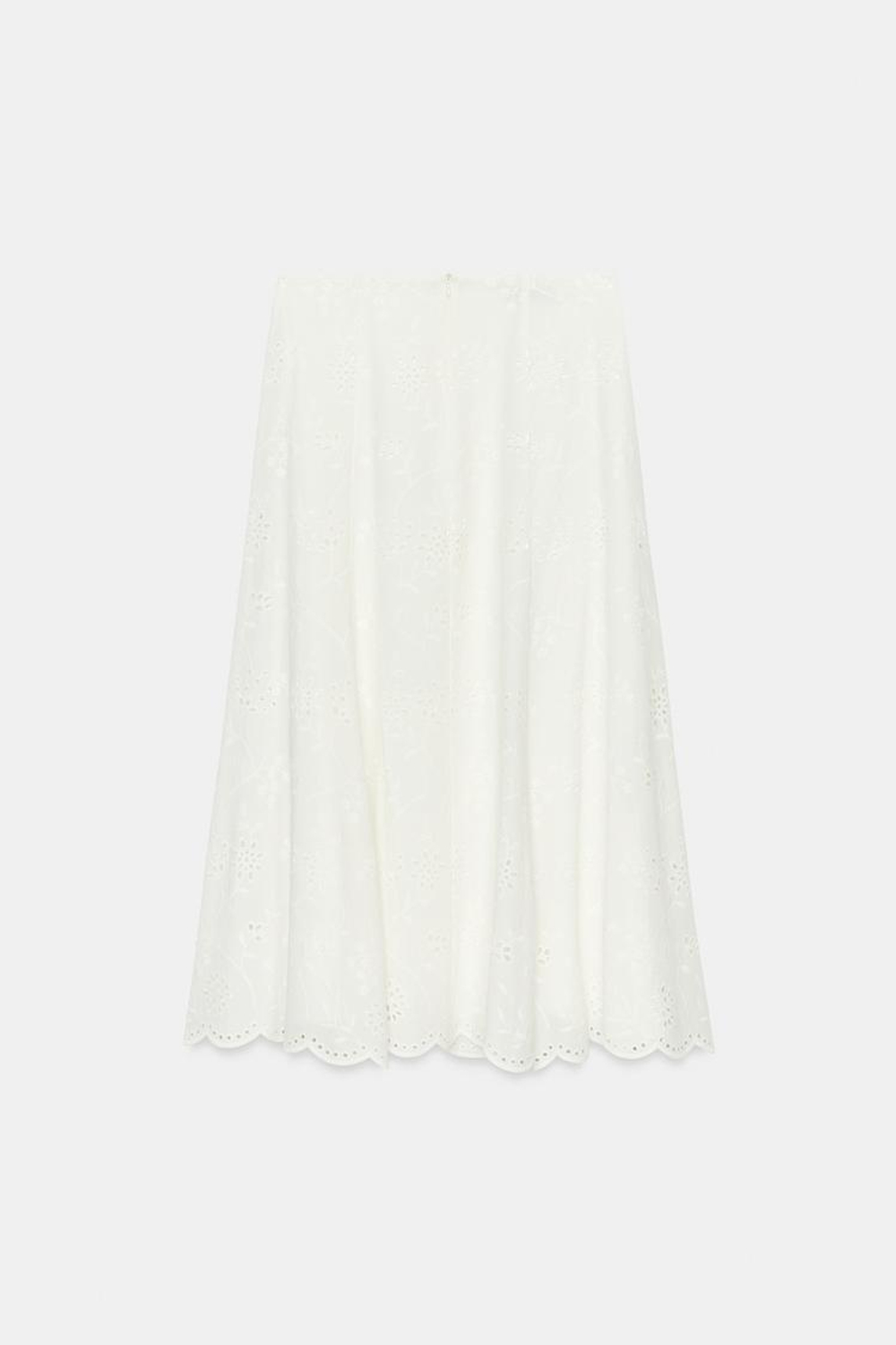 ZARA ЮБКА МИДИ С АЖУРНОЙ ВЫШИВКОЙ, БЕЛЫЙ