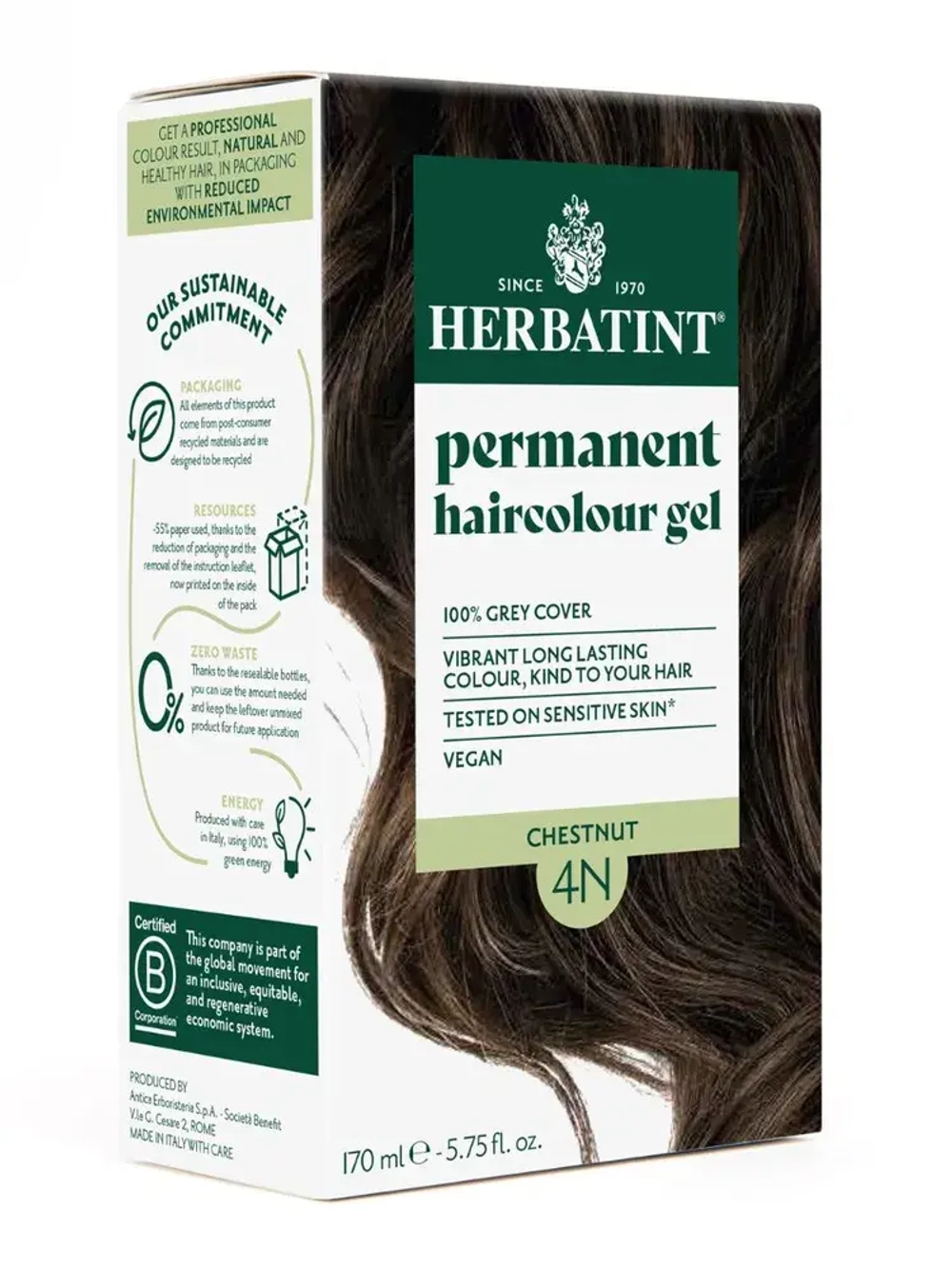 4N КАШТАН - гель-краска для волос HERBATINT, 170 мл / из Европы /