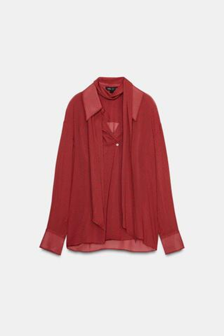 ZARA БЛУЗА ИЗ КОЛЛЕКЦИИ ZW С ПРИНТОМ И ЗАВЯЗКАМИ, КРАСНЫЙ