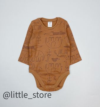 Боди хлопковое "Я родился" звери на коричневом