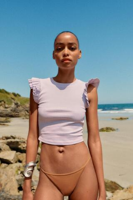 ZARA ФУТБОЛКА В РУБЧИК С ВОЛАНАМИ, СИРЕНЕВЫЙ