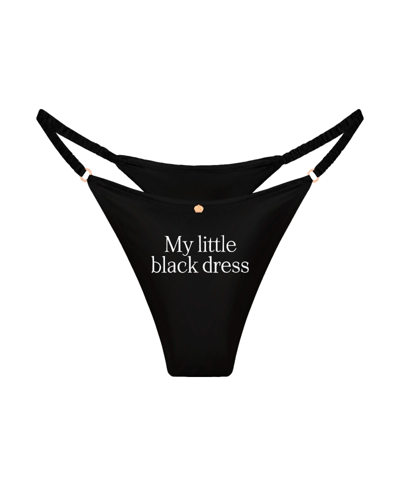 трусы стринги шелковые с надписью My little black dress черные