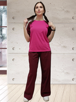 23072 Комплект женский (брюки-палаццо+футболка) кулирка бордо/малиновый (54)