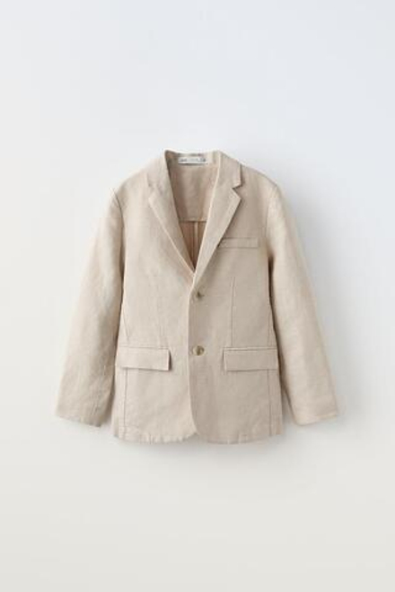 ZARA КОСТЮМНЫЙ ПИДЖАК ИЗ СМЕСОВОГО ЛЬНА, БЕЖЕВЫЙ